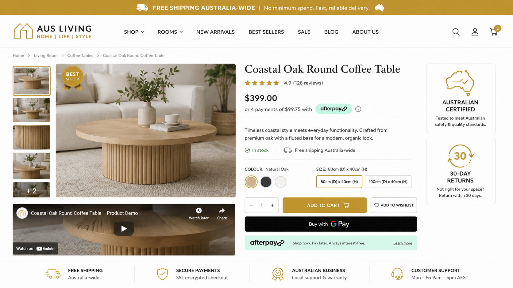 Australian Shopify dropshipping store product page trust signals BNPL AfterPay