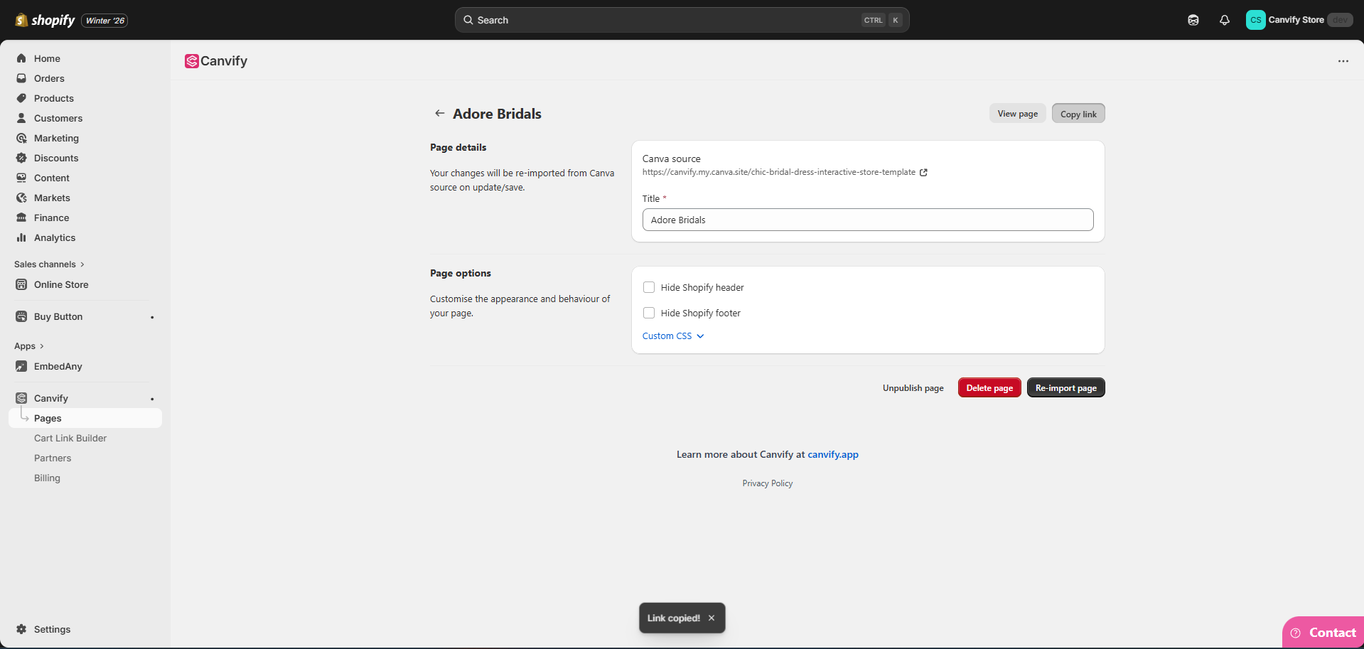 Copy Canvify page link