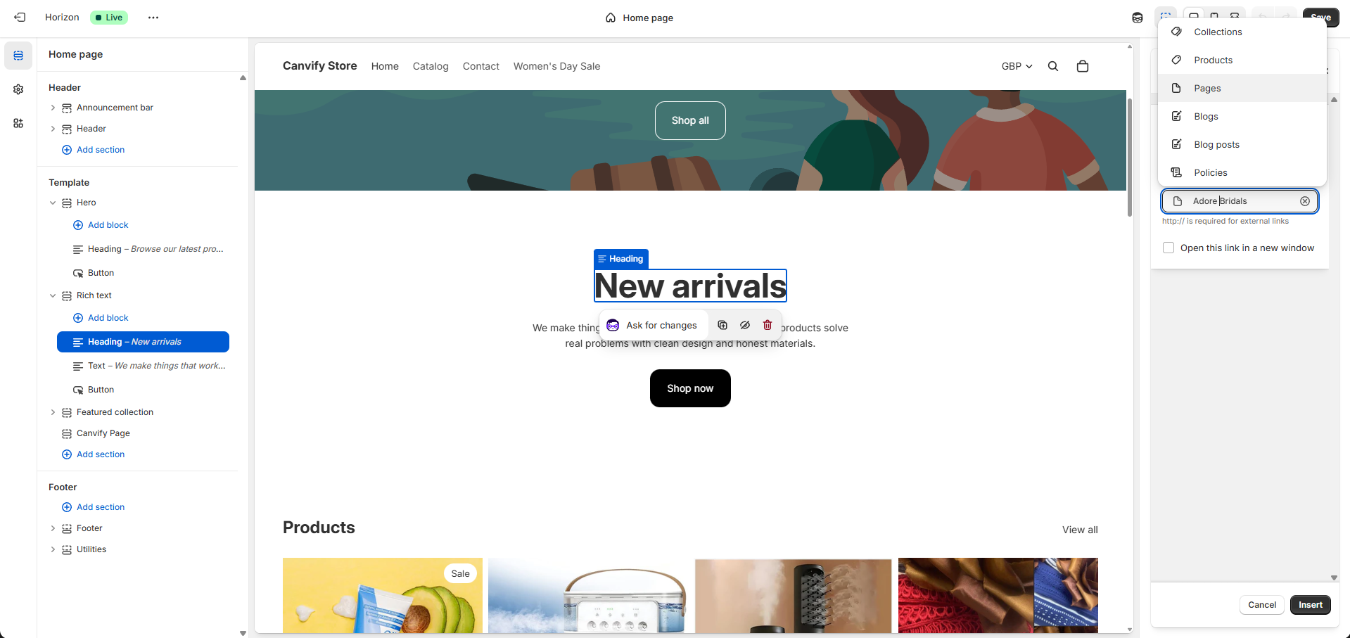 Select page in Shopify